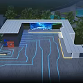 Futuristic Modern Building Exterior Design With Blue Illuminated Lines And Large Screen Greenery
