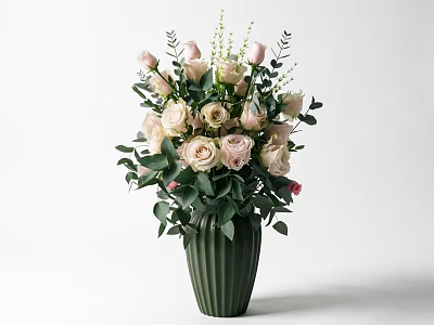 Elegant Ornament Decor Combination With Green Vase Pink White Roses And Green Leaves 3d model