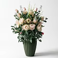Elegant Ornament Decor Combination With Green Vase Pink White Roses And Green Leaves