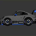 Gray Sports Car With Blue Stripes Rear Wing And Sporty Design