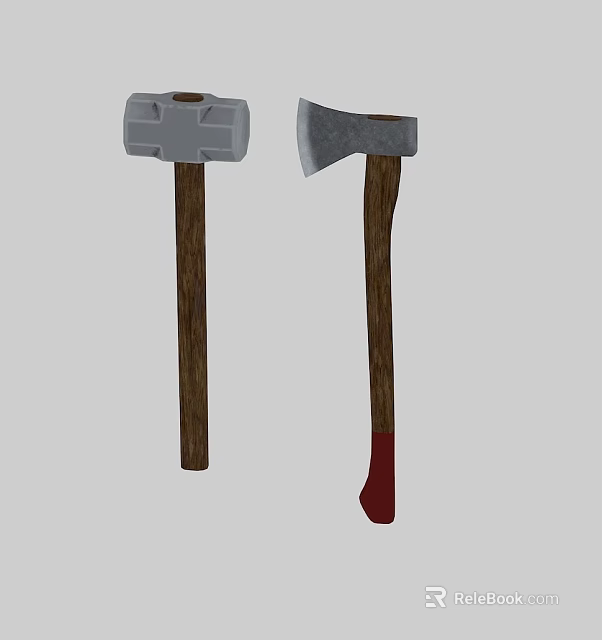 Traditional Weapons Including Hammer And Axe With Wooden Handles And Red End On Axe Handle 3d model 