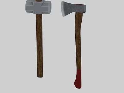 Traditional Weapons Including Hammer And Axe With Wooden Handles And Red End On Axe Handle 3d model