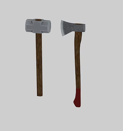 Traditional Weapons Including Hammer And Axe With Wooden Handles And Red End On Axe Handle 3d model