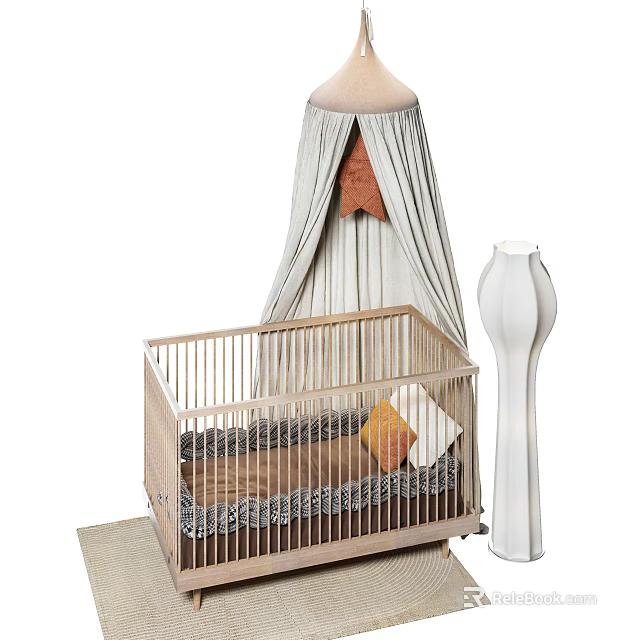 Wooden Baby Crib With Canopy Curtains Mattress And Decorative Pillow Near Floor Lamp 3d model 