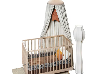 Wooden Baby Crib With Canopy Curtains Mattress And Decorative Pillow Near Floor Lamp 3d model