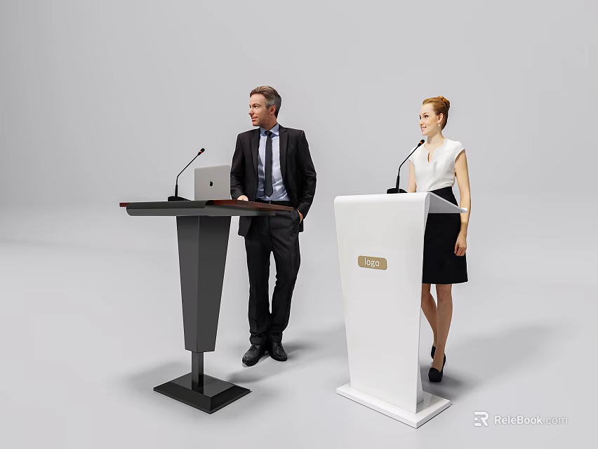 Black And White Functional Desk With Microphone And Laptop For Presenters Presentation 3d model