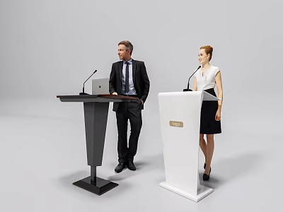 Black And White Functional Desk With Microphone And Laptop For Presenters Presentation 3d model