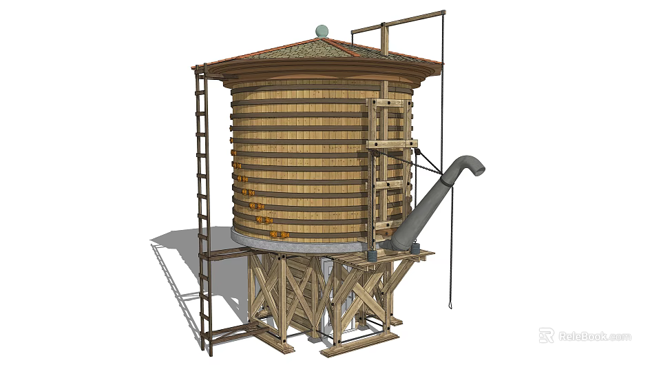 Wooden Industrial Storage Tank Equipment With Metal Ladder And Support Structure 3d model 