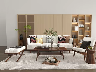 Log Style Sofa Coffee Table Combination Single Person Sofa Green Plant Cat Sofa Background Wall 3d model
