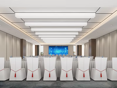 Modern Conference Room With White Chairs Red Tassels Long Strip Lights And Large Blue Screen 3d model