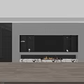 Modern TV Wall with White Cabinetry Open Shelves Marble Fireplace and Flame