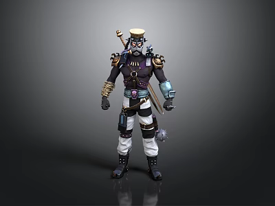 Steampunk 3D Character Model With Mechanical Arm Hat Dark Outfit And White Pants 3d model