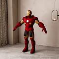 Red and Gold Iron Man Sculpture Standing in Indoor Room With Curtain Plant Hanging Lamp