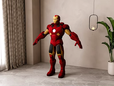 Red and Gold Iron Man Sculpture Standing in Indoor Room With Curtain Plant Hanging Lamp 3d model