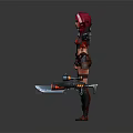 Red-haired Female Warrior in Armor with Skull Patterned Attire and Mechanical Winged Creature 3d model