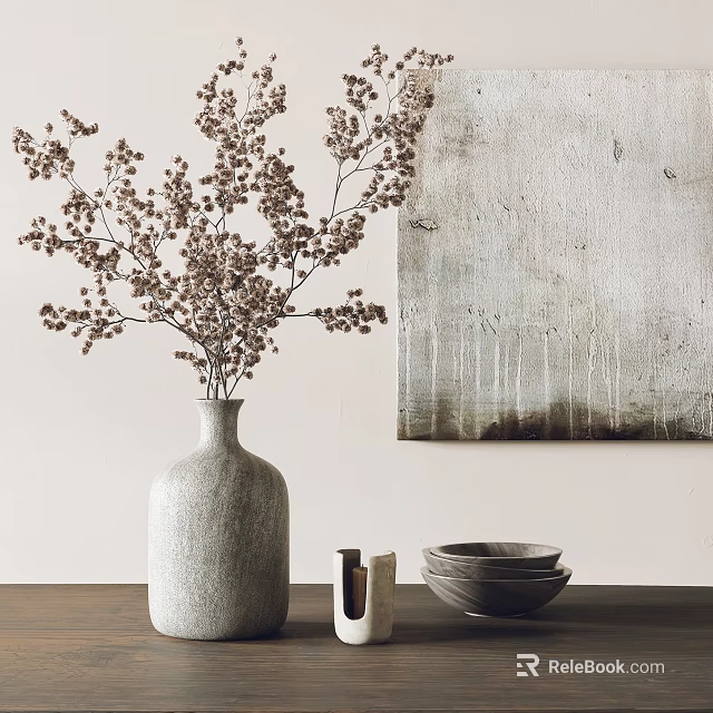 Vase with Dried Flowers on Wooden Tabletop with Stacked Bowls and Abstract Painting 3d model 