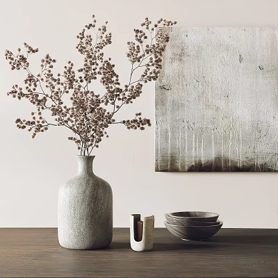 Vase with Dried Flowers on Wooden Tabletop with Stacked Bowls and Abstract Painting 3d model