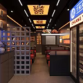 Stylish Restaurant Interior With Counter Seating Beverage Display Signage And Ceiling Decor 3d model