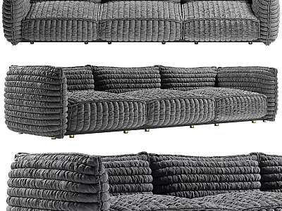 Modern Grey Velvet Tufted Design Three-Seater Sofa For Living Room With Metal Legs 3d model