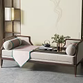 Chinese Style Daybed With Beige Upholstery Wooden Frame Cushions Tea Set Green Plant And Decorative Wall