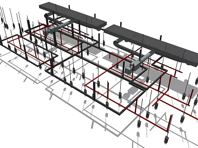 Industrial Pipe System Layout With Red And Black Metal Pipes In Building Structure 3d model