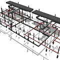 Industrial Pipe System Layout With Red And Black Metal Pipes In Building Structure
