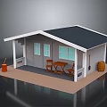 Small Cozy Cabin With Black Roof Blue Windows Porch And Wooden Table Chairs