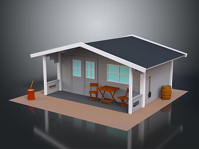Small Cozy Cabin With Black Roof Blue Windows Porch And Wooden Table Chairs 3d model