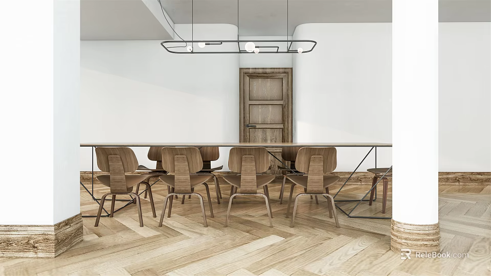 Wooden Dining Table Set With Matching Chairs Cabinet And Hanging Lighting In White Room 3d model 