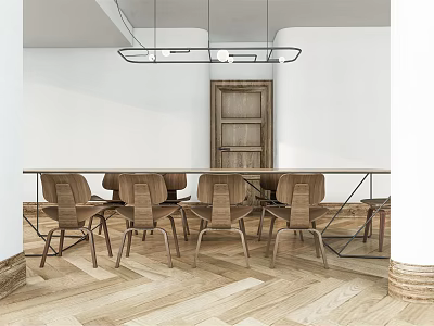 Wooden Dining Table Set With Matching Chairs Cabinet And Hanging Lighting In White Room 3d model