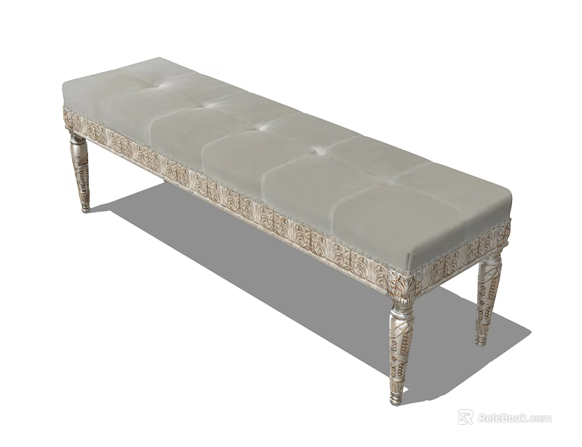 Elegant Gray Upholstered Sofa Bench With Carved Metal Legs And Tufted Design 3d model 