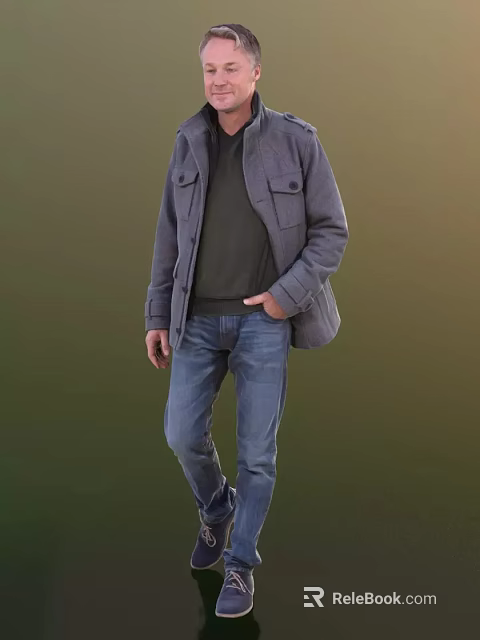 Man In Gray Jacket Dark Sweater Blue Jeans Standing With Hands In Pockets Green Background 3d model 