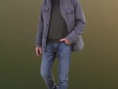 Man In Gray Jacket Dark Sweater Blue Jeans Standing With Hands In Pockets Green Background 3d model