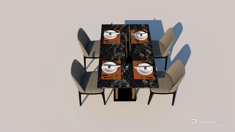 Modern Dining Table Set With Marble Top Four Chairs And Place Settings 3d model