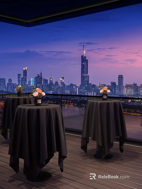 Dining Tables With Black Tablecloths And Pink Flowers On Terrace Overlooking City Skyline At Twilight 3d model 