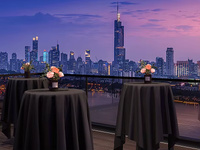 Dining Tables With Black Tablecloths And Pink Flowers On Terrace Overlooking City Skyline At Twilight 3d model