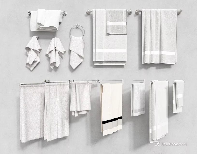 White Towels Hanging On Racks In Various Sizes With Striped Design 3d model 