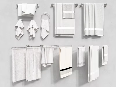 White Towels Hanging On Racks In Various Sizes With Striped Design 3d model
