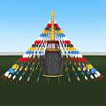 Tower Shaped Landscape Sculpture Featuring Golden Top Colorful Flags Sunset Sky Green Grass And Trees