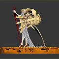 Graceful Female Figure in White Dress with Golden Mechanical Wings Red Sword on Golden Base