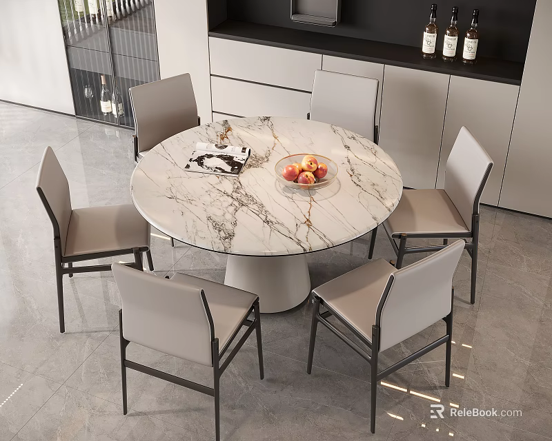 Modern Minimalist Dining Table Set With Round Marble Top And Six Light Gray Chairs 3d model