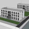 Modern Office Building Exterior With Large Glass Windows And Landscaped Surroundings