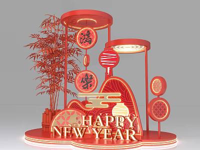 Red Chinese New Year Art Installation With Fortune Lanterns Bamboo And Happy New Year 3d model