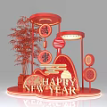 Red Chinese New Year Art Installation With Fortune Lanterns Bamboo And Happy New Year