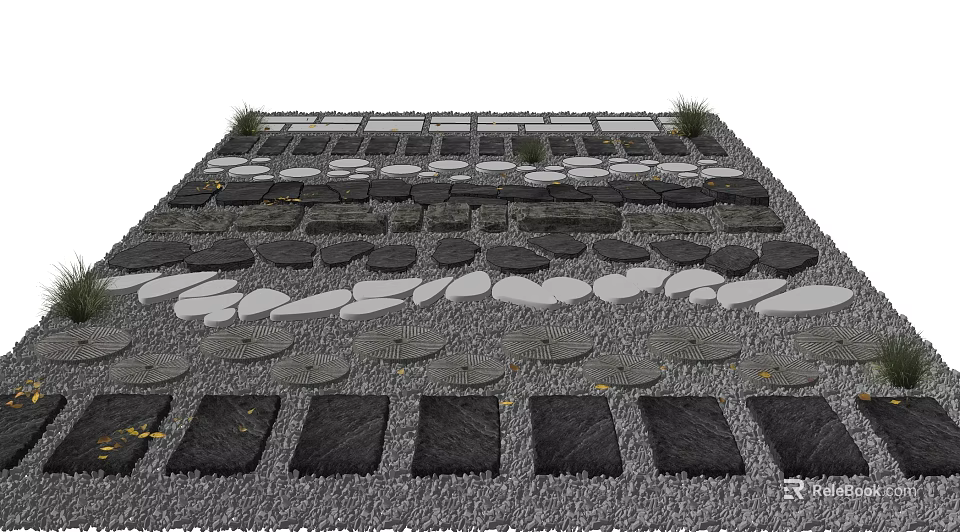 Natural Stone Wood Outdoor Paving Design With Various Shaped Stones And Small Plants 3d model 