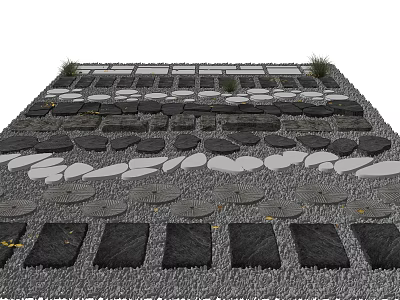 Natural Stone Wood Outdoor Paving Design With Various Shaped Stones And Small Plants 3d model