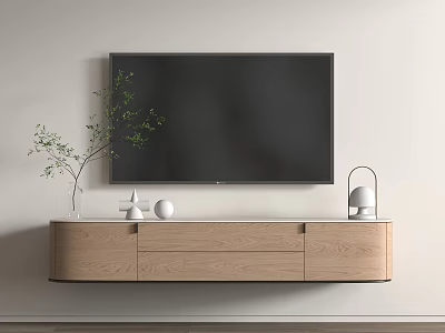 Modern Wooden TV Stand with Black TV Screen Green Plant White Decorations and Modern Lamp 3d model
