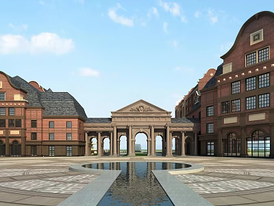 Classical Entrance Gate With Arched Design Amidst Red Brick Symmetrical Buildings And Central Water Pool 3d model