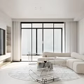 Modern Living and Dining Room With White Sofa Large Abstract Art Gold Floor Lamp and Wooden Sideboard