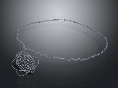 Silver Necklace With Thin Chain And Intricate Patterned Pendant Design 3d model